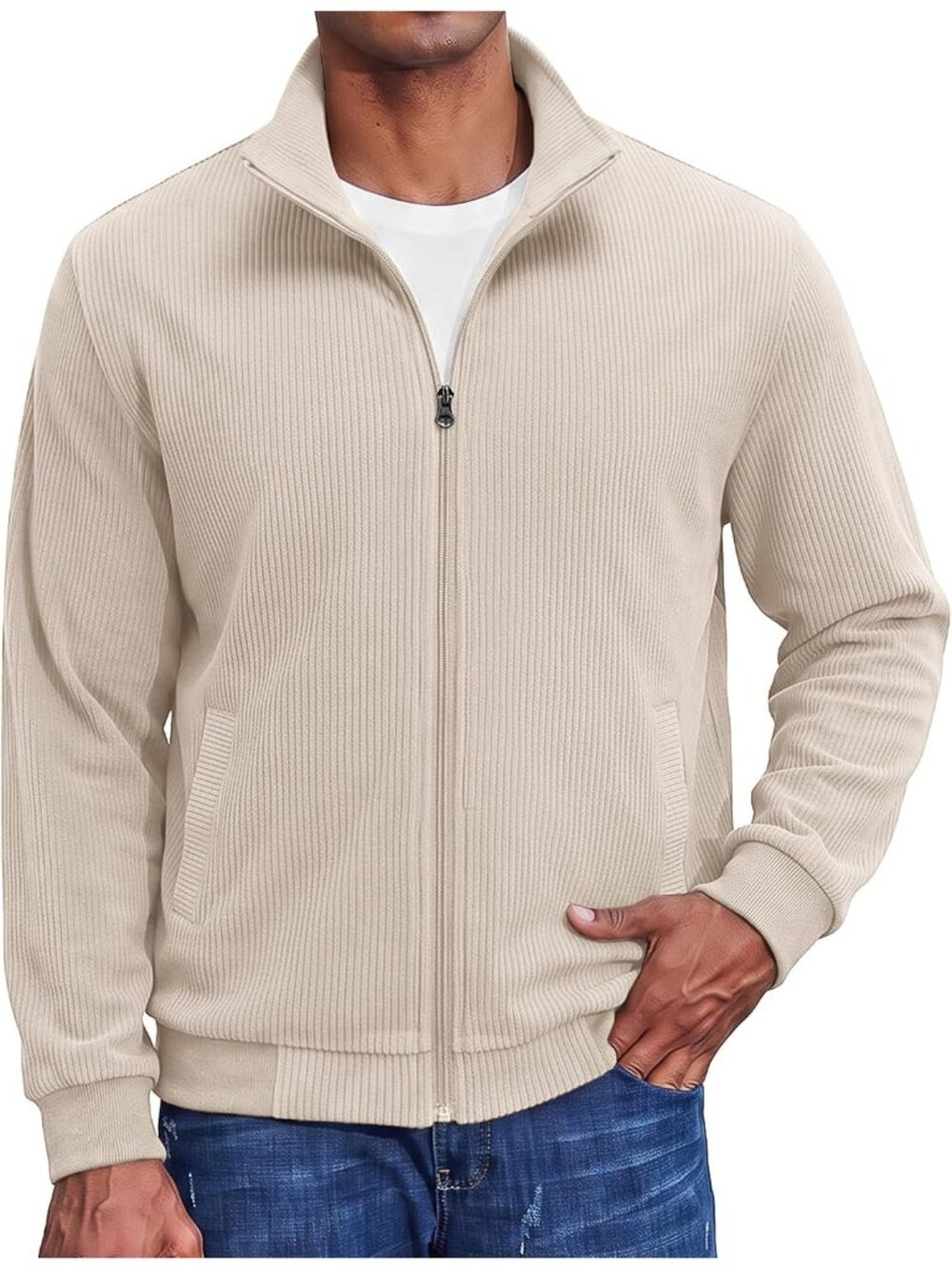 🆕Men's Cream Zip Up Sweatshirt Knit Cardigan Ribbed Mock Neck Outerwear
